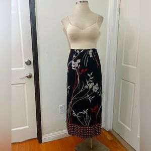 Carole Little Black 100% Rayon Maxi Skirt Asian Floral Black Red Sz 12 (M/L)